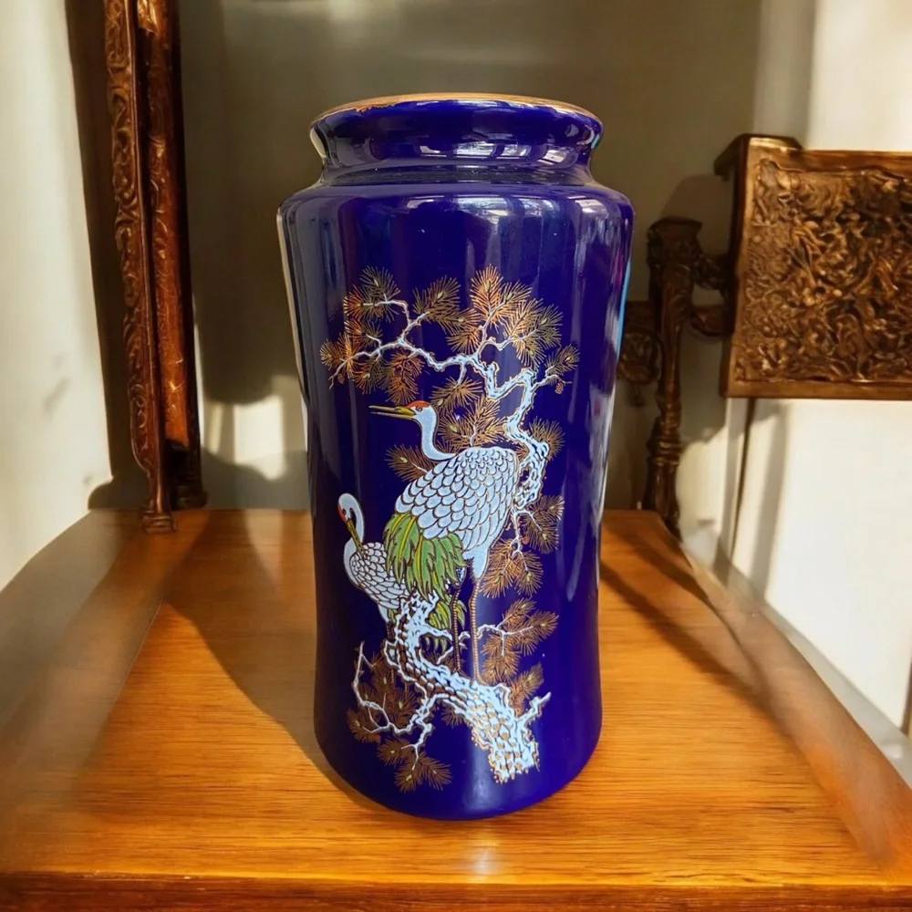 Vintage Japanese Cobalt Blue Porcelain Vase Crane & Pine Tree 6”